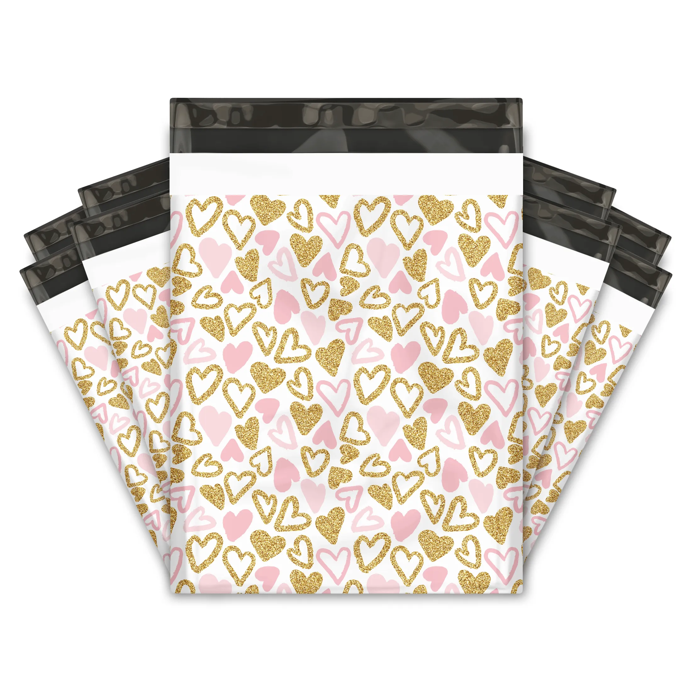 12x15" Pink and Gold Hearts Designer Poly Mailers Shipping Envelopes Premium Printed Bags