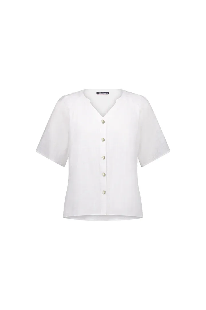 4462 White - Short Sleeve Button Up Top with V Neck and Shirred Shoulders