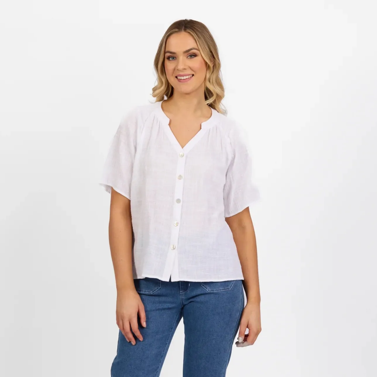 4462 White - Short Sleeve Button Up Top with V Neck and Shirred Shoulders