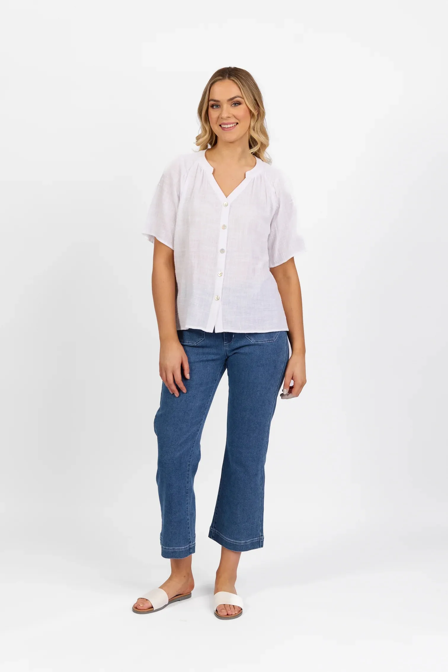 4462 White - Short Sleeve Button Up Top with V Neck and Shirred Shoulders