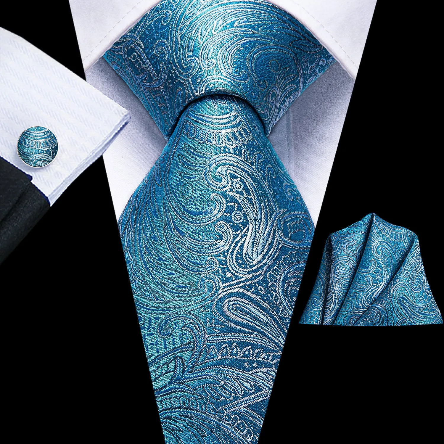 $9.99 Hi-Tie Light Blue Paisley Silk Men's Tie Pocket Square Cufflinks Set