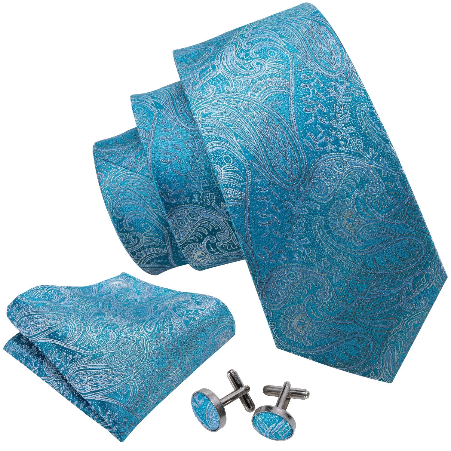 $9.99 Hi-Tie Light Blue Paisley Silk Men's Tie Pocket Square Cufflinks Set