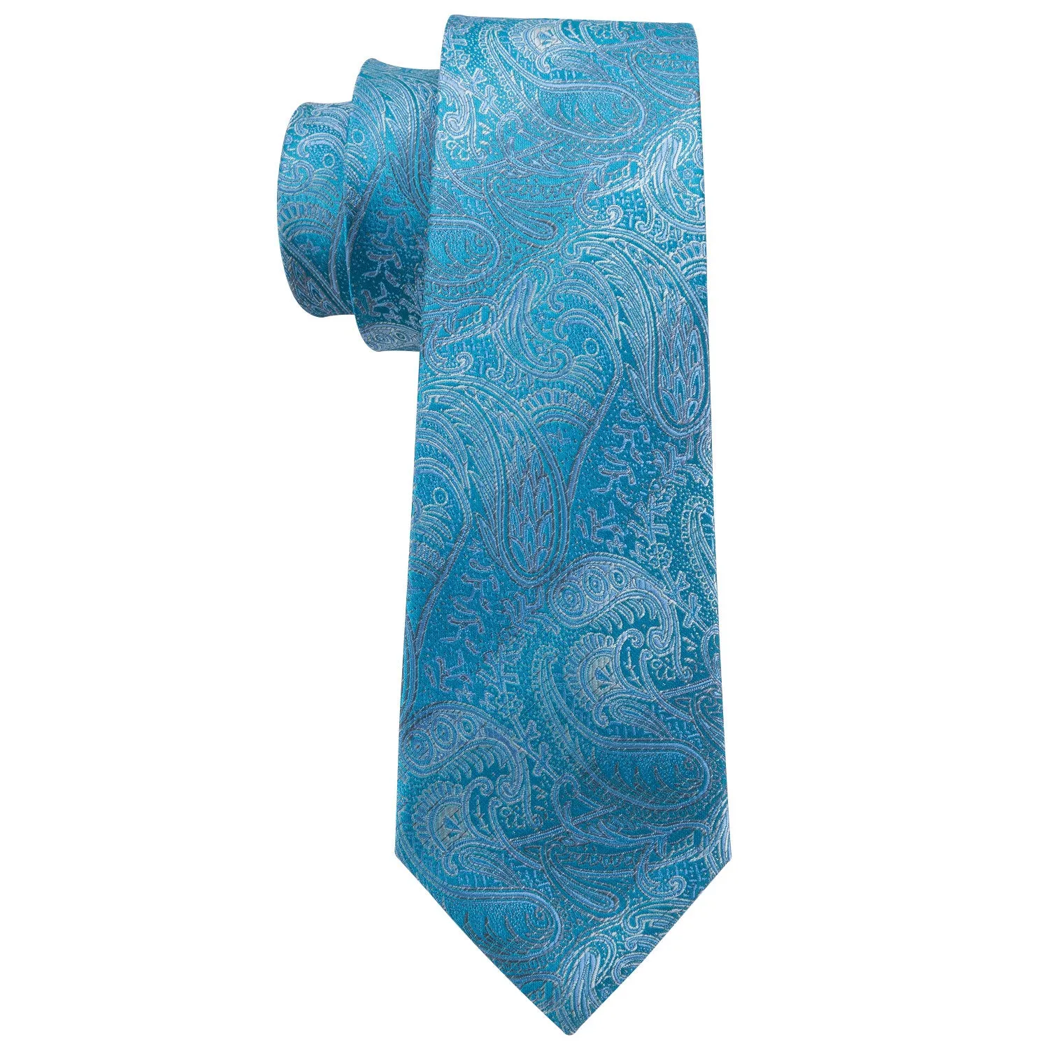 $9.99 Hi-Tie Light Blue Paisley Silk Men's Tie Pocket Square Cufflinks Set