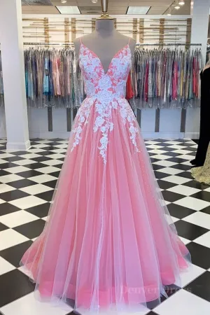 A Line V Neck Pink Long Prom Dress with Lace Appliques V Neck Pink Formal Dress Pink Evening Dress