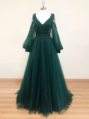 A-Line V Neck Tulle Lace Green Long Prom Dress, Green Formal Evening Dresses