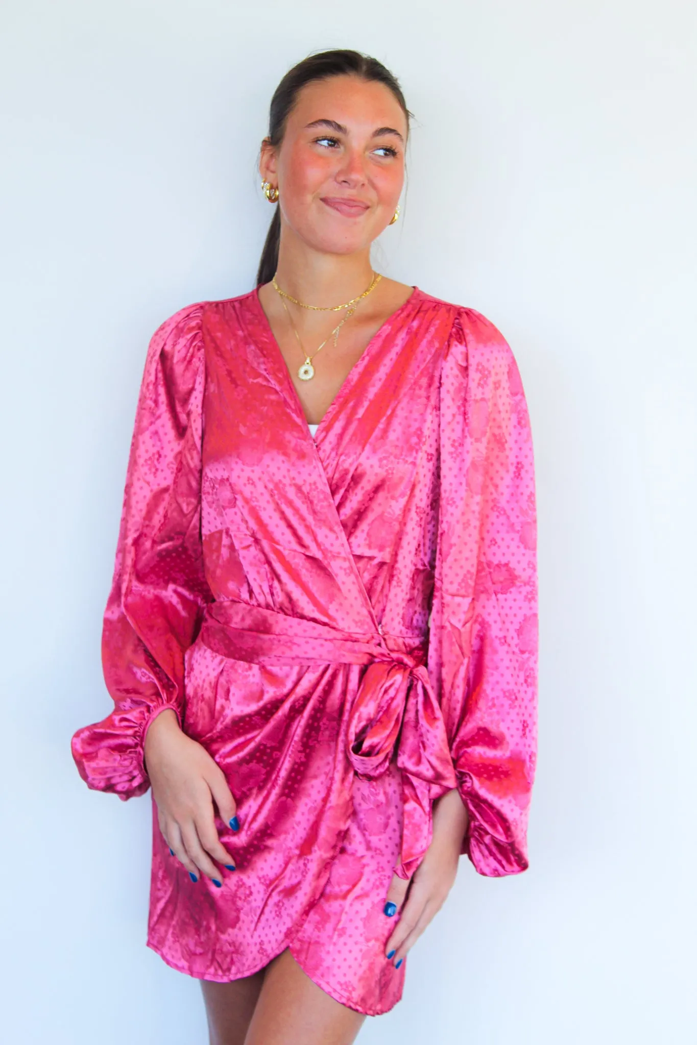 Alyssa Long Sleeve Satin Wrap Dress