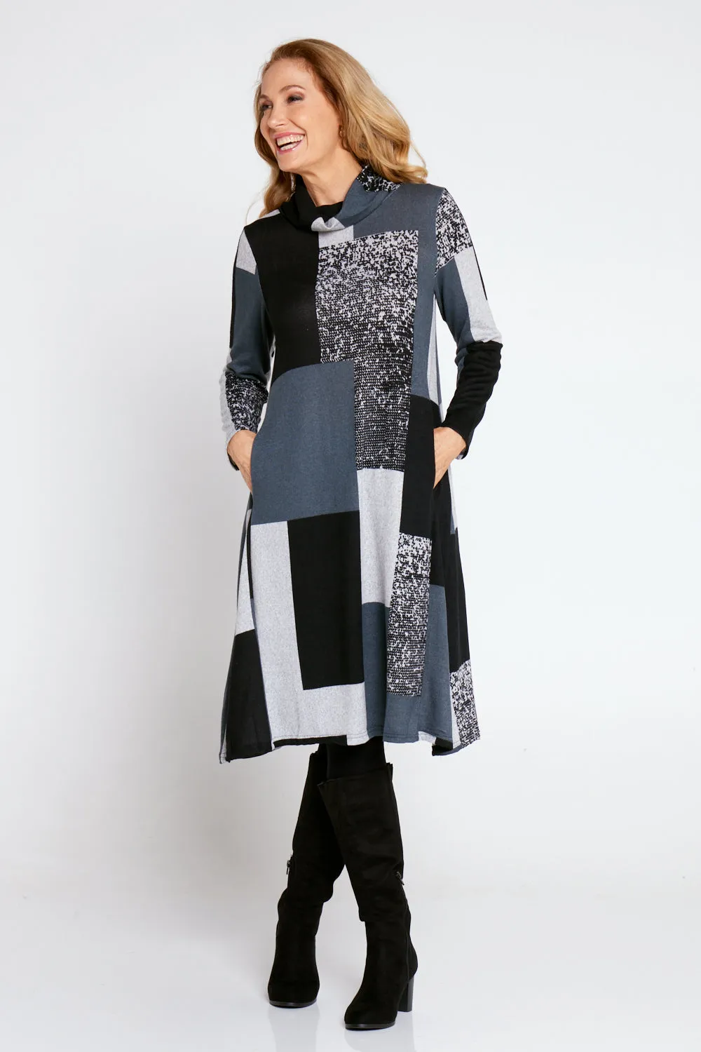 Astrid Tunic Dress - Charcoal Geo Patch