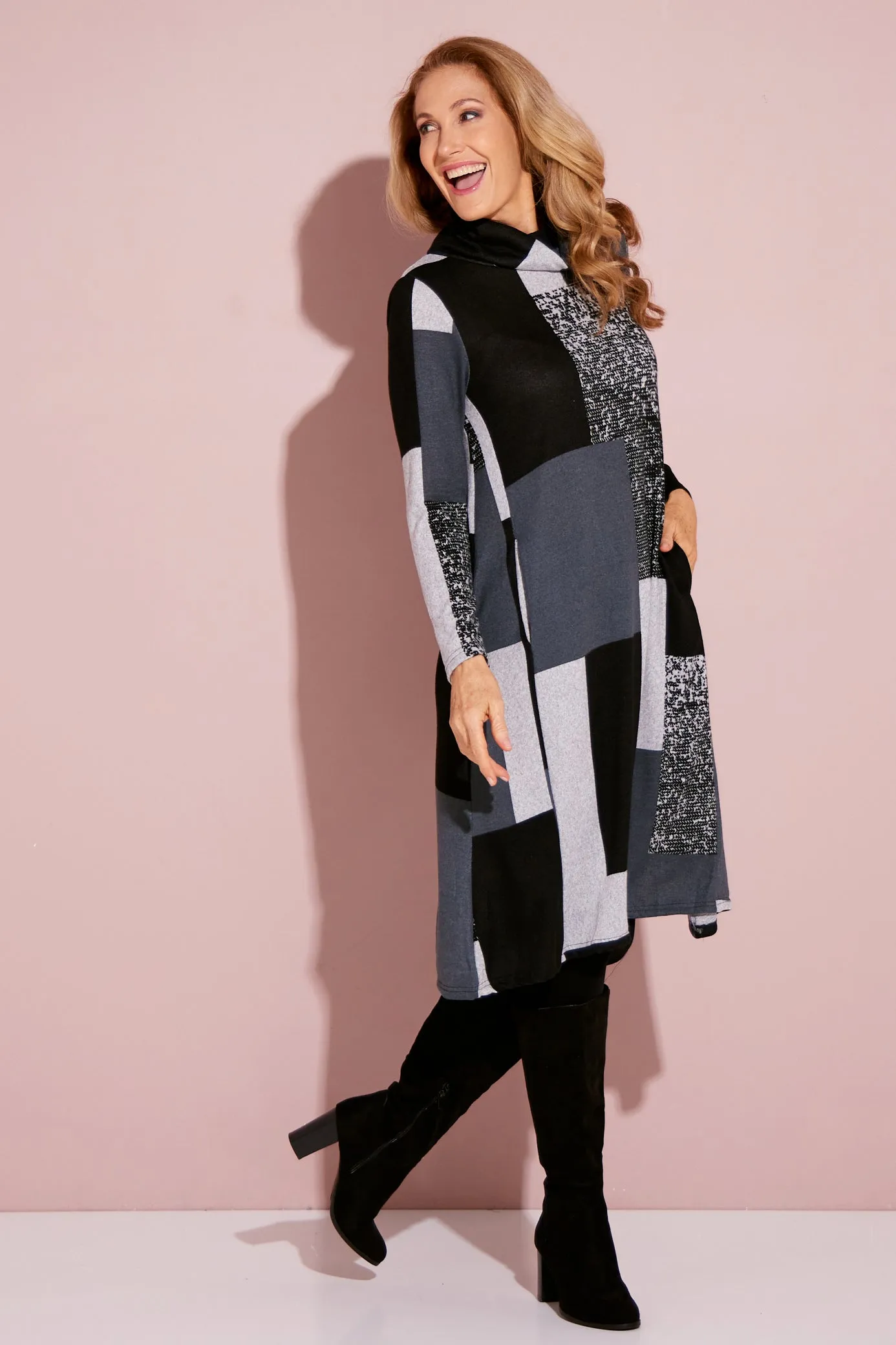 Astrid Tunic Dress - Charcoal Geo Patch