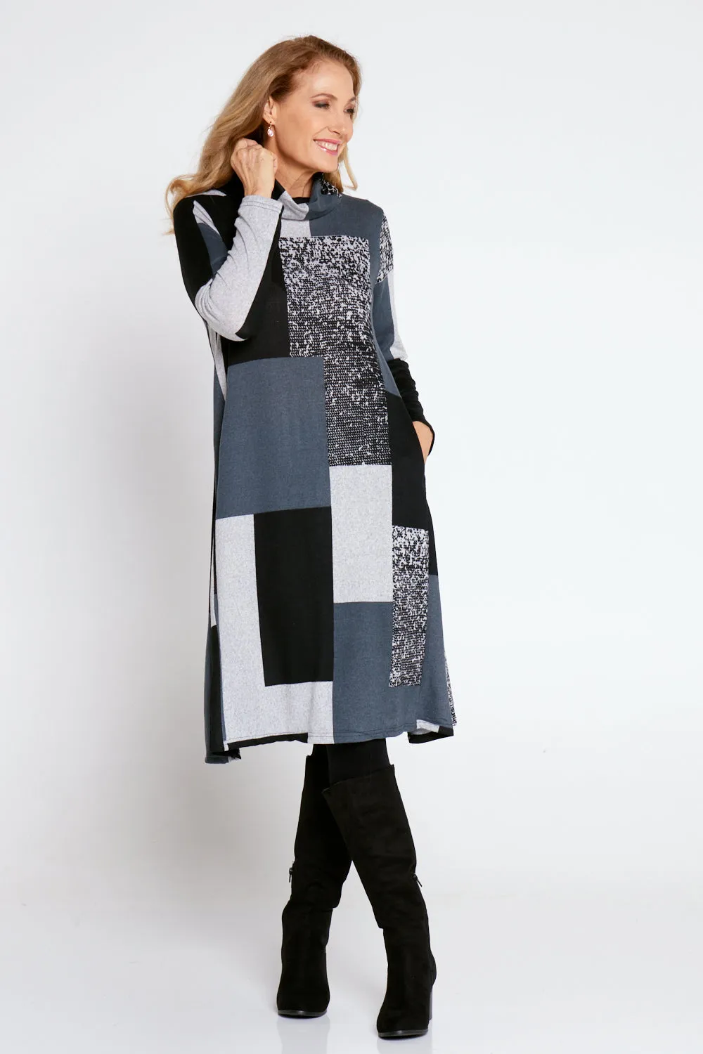 Astrid Tunic Dress - Charcoal Geo Patch