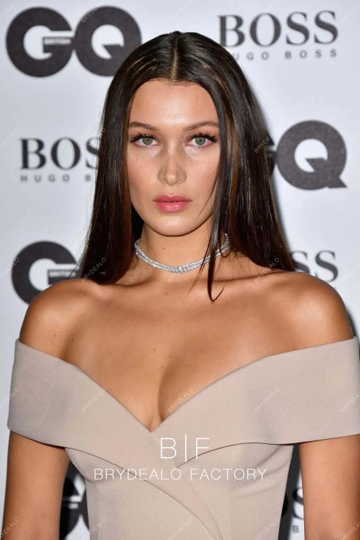 Bella Hadid Champagne Off Shoulder Slit Red Carpet Celebrity Dress