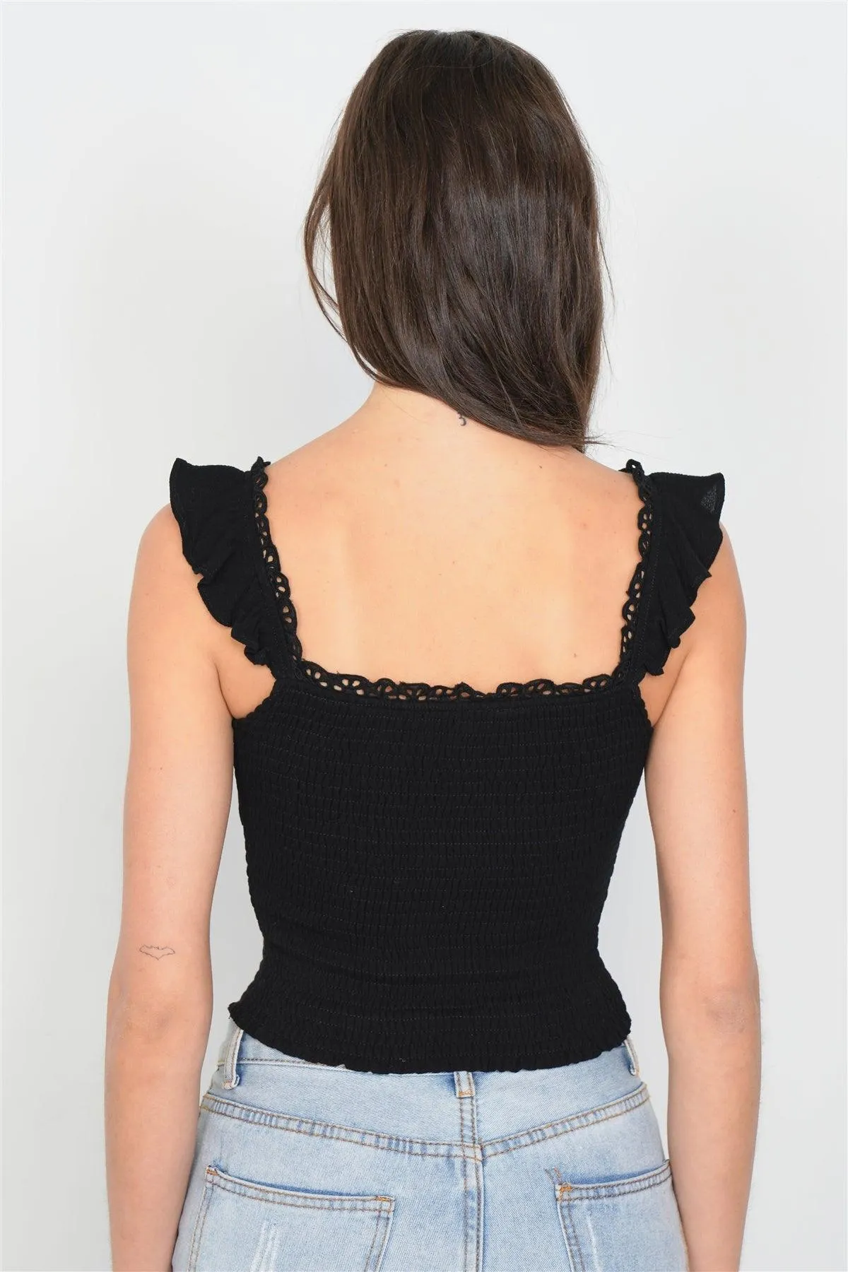 Black Embroidered Frill Trim V-Neck Chic Crop Top /3-2-1