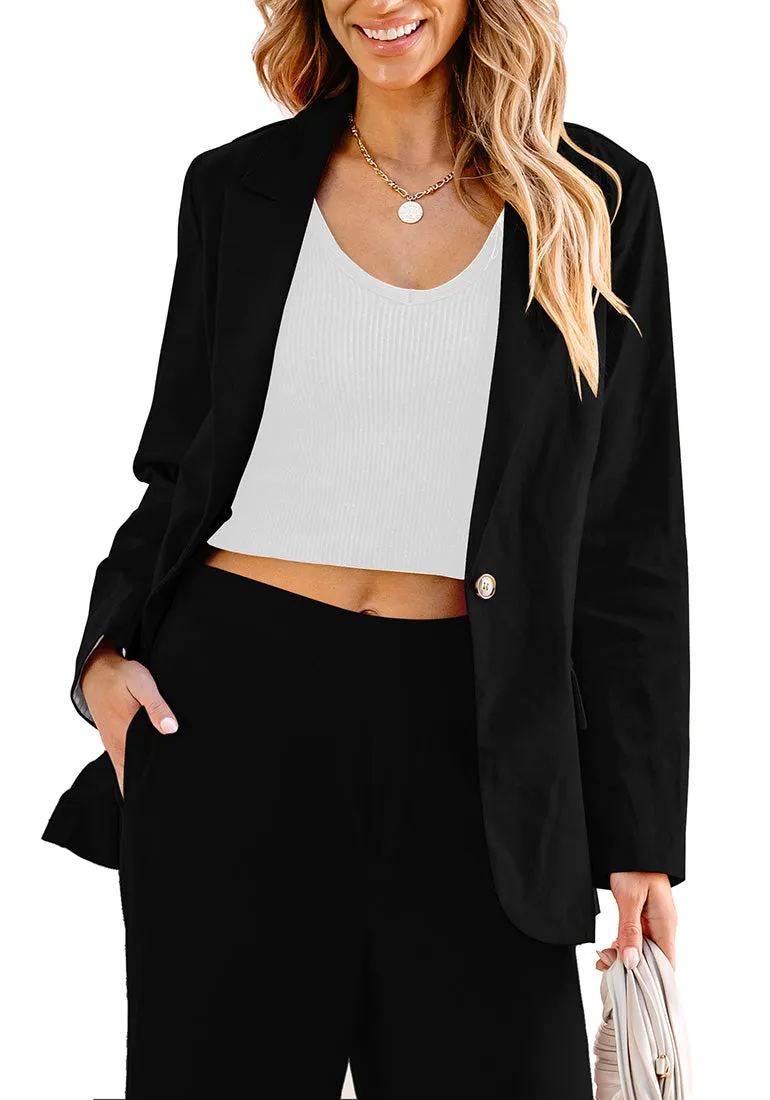 Black Women's Business Casual Pocket Notched Lapels Blazer Long Rolled Up Sleeve Blazer