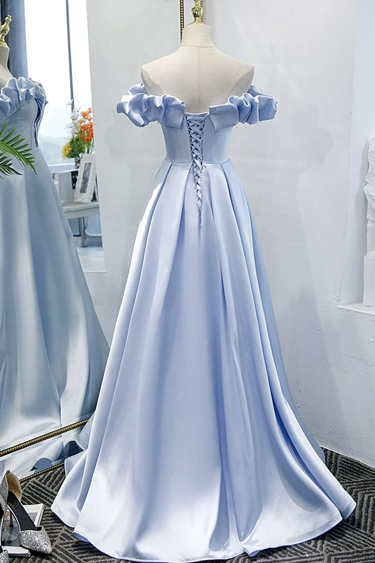 Blue Satin Long A Line Prom Dress Blue Evening Dress