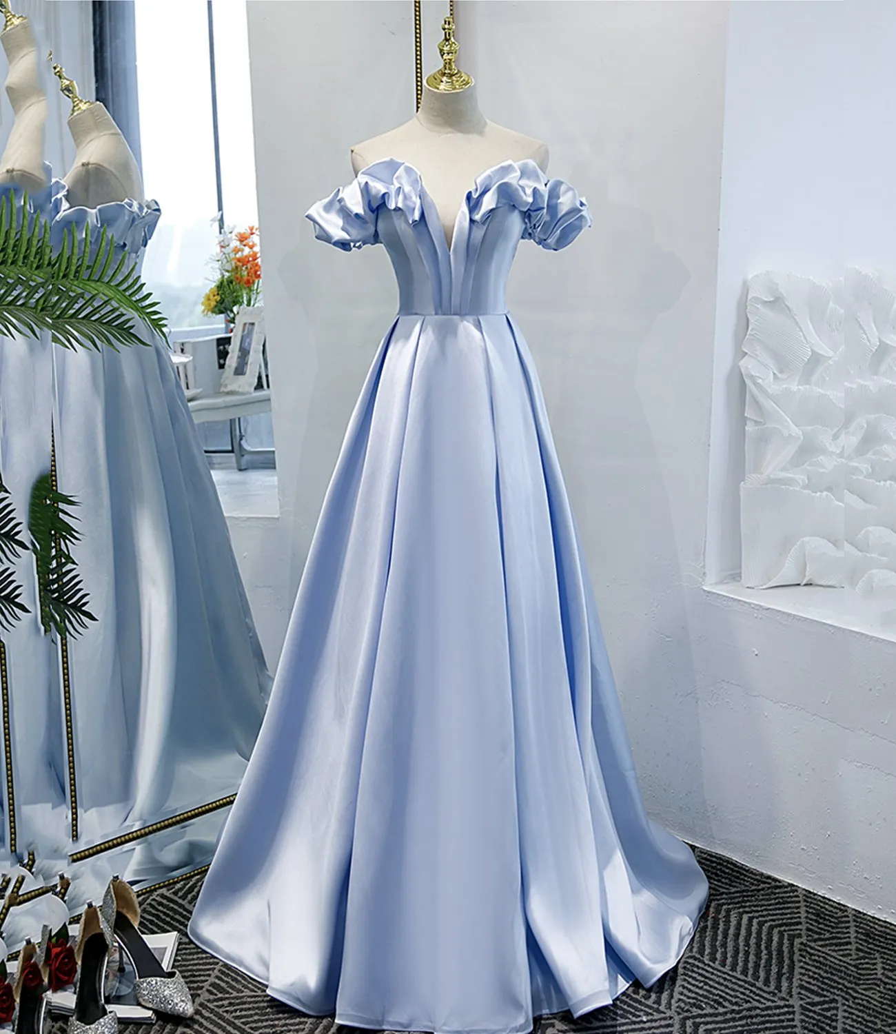 Blue Satin Long A Line Prom Dress Blue Evening Dress