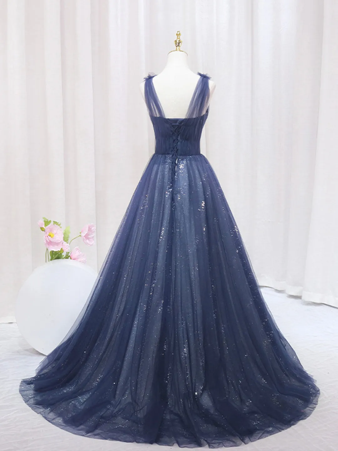 Blue Tulle Beaded Long Prom Dress Blue Evening Party Dress