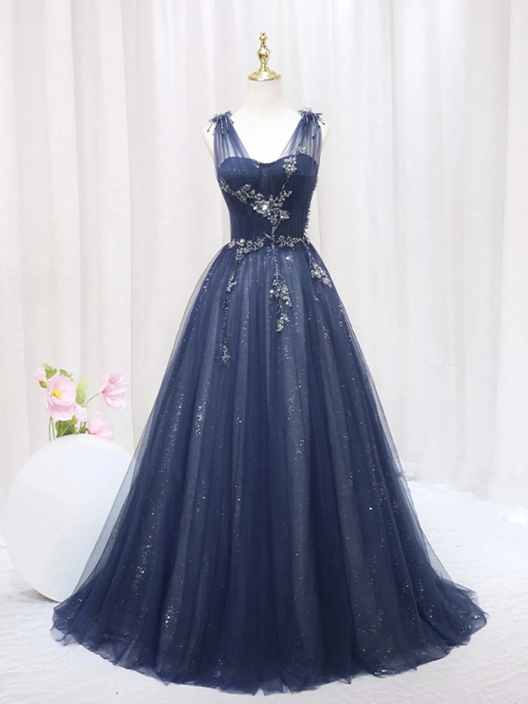 Blue Tulle Beaded Long Prom Dress Blue Evening Party Dress