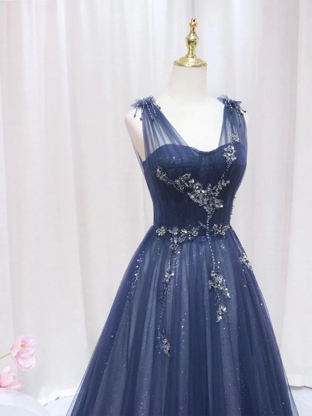 Blue Tulle Beaded Long Prom Dress Blue Evening Party Dress