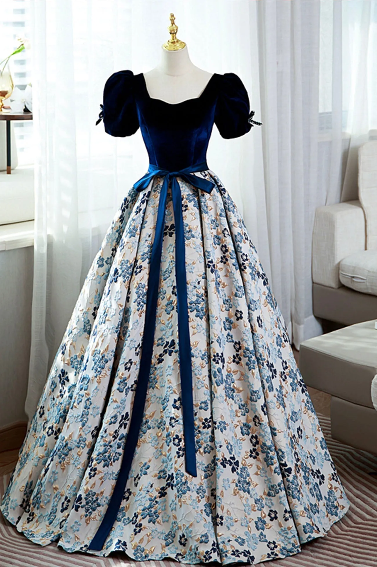 Blue Velvet Floral Long Ball Gown, A-Line Short Sleeve Formal Evening Dress