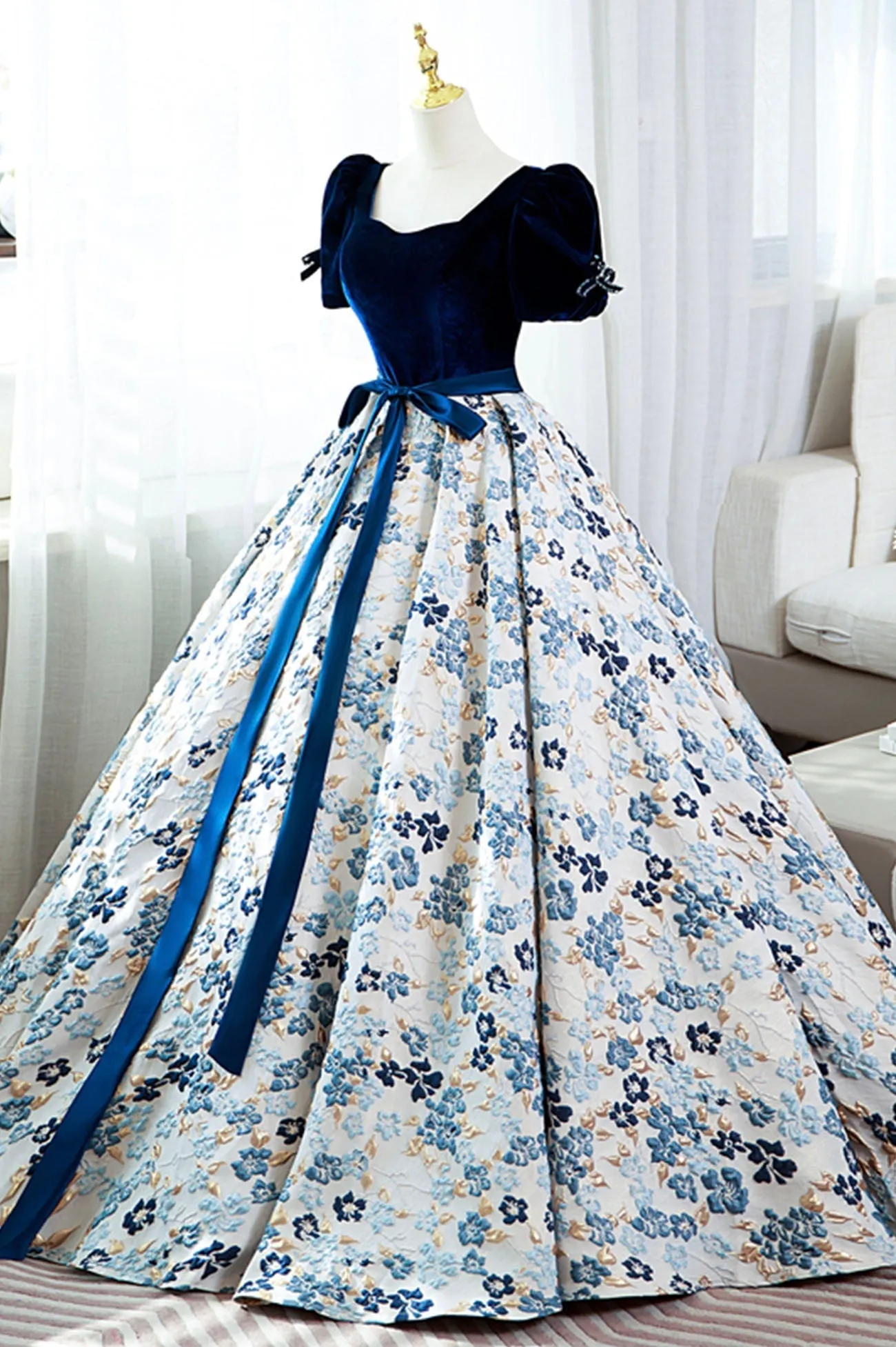 Blue Velvet Floral Long Ball Gown, A-Line Short Sleeve Formal Evening Dress