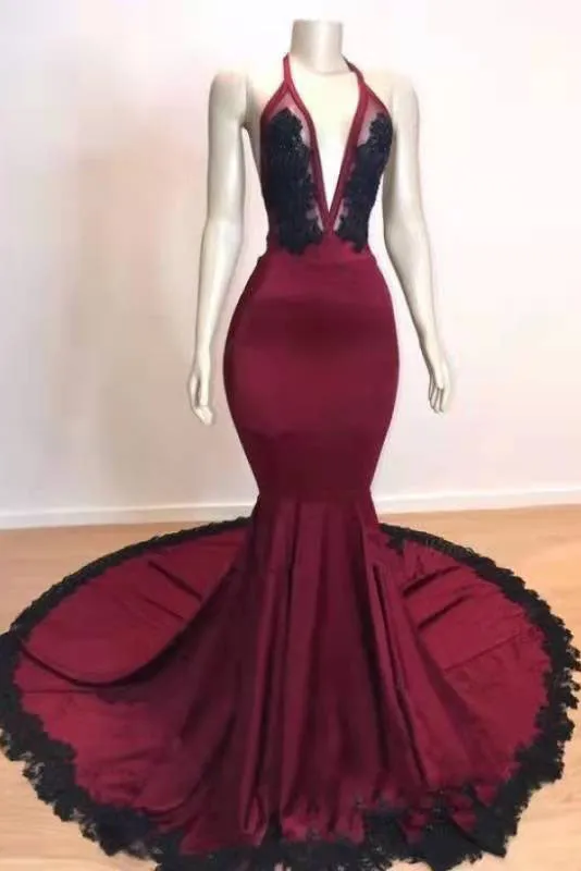 Burgundy Halter Deep V Neck Mermaid Prom Dress with Lace Long Evening Gown