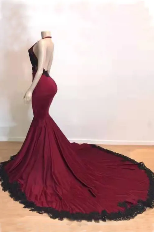 Burgundy Halter Deep V Neck Mermaid Prom Dress with Lace Long Evening Gown