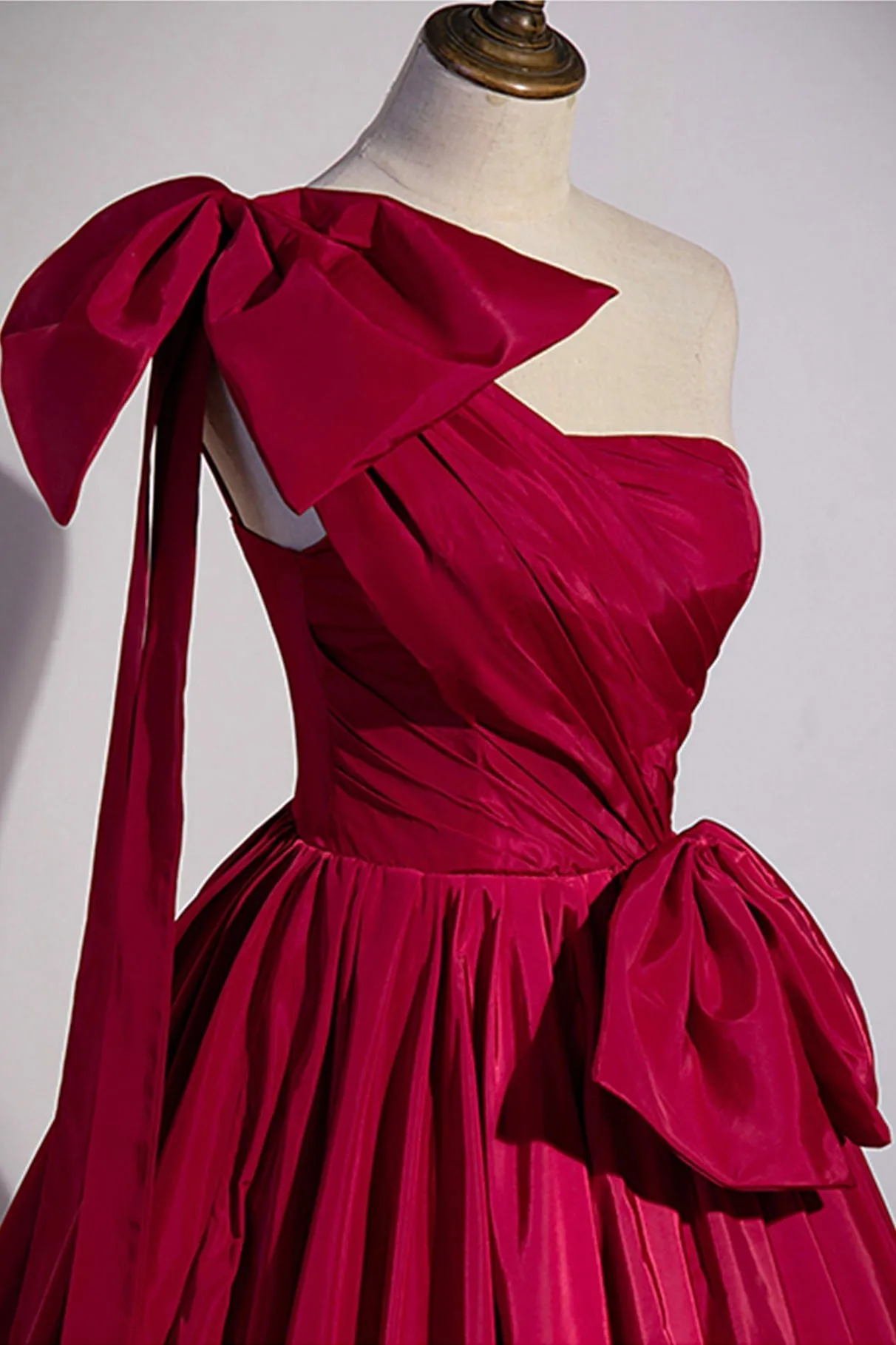 Burgundy Satin Long Prom Dress One Shoulder Evening Dress with Bow