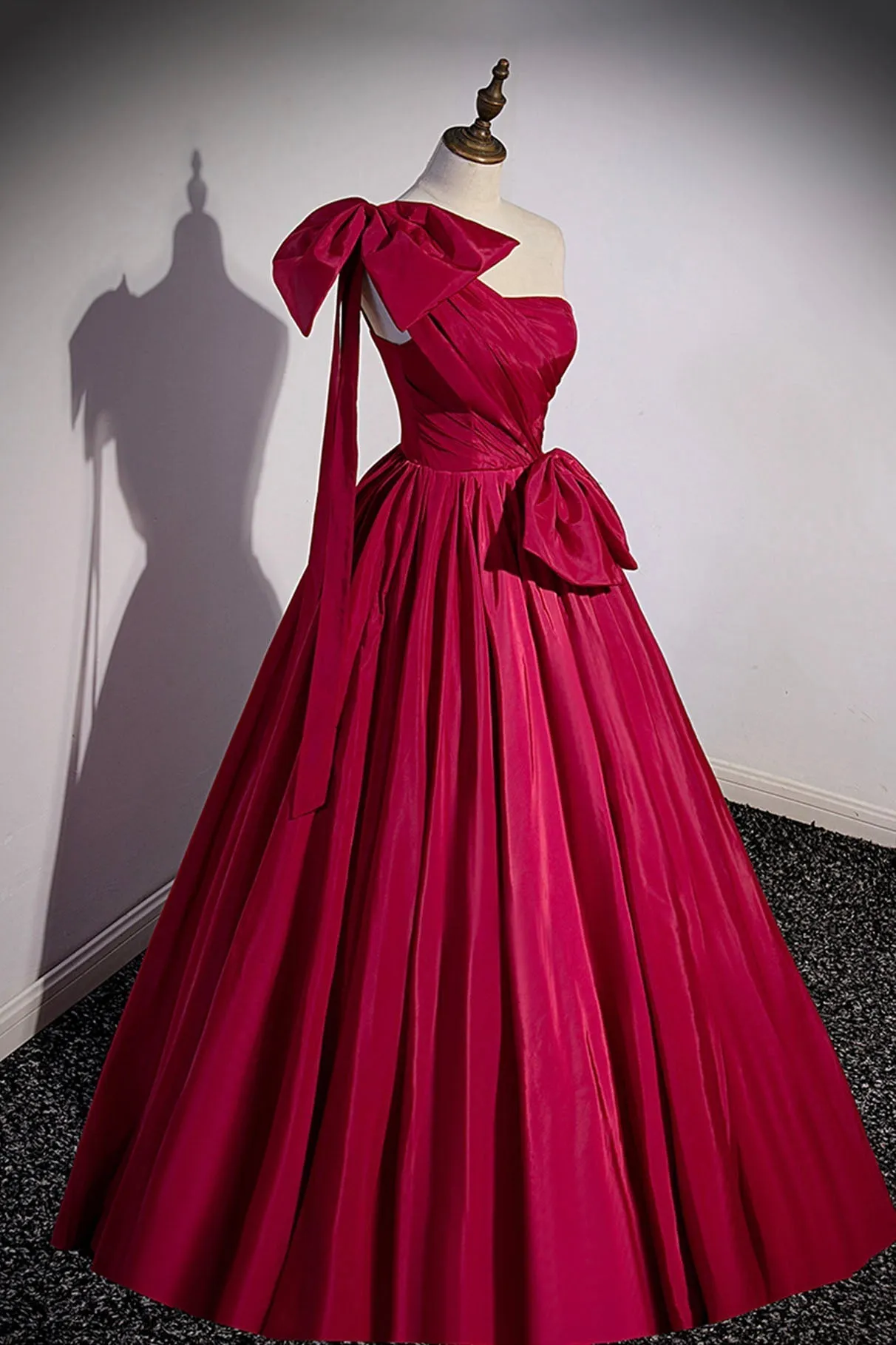 Burgundy Satin Long Prom Dress One Shoulder Evening Dress with Bow