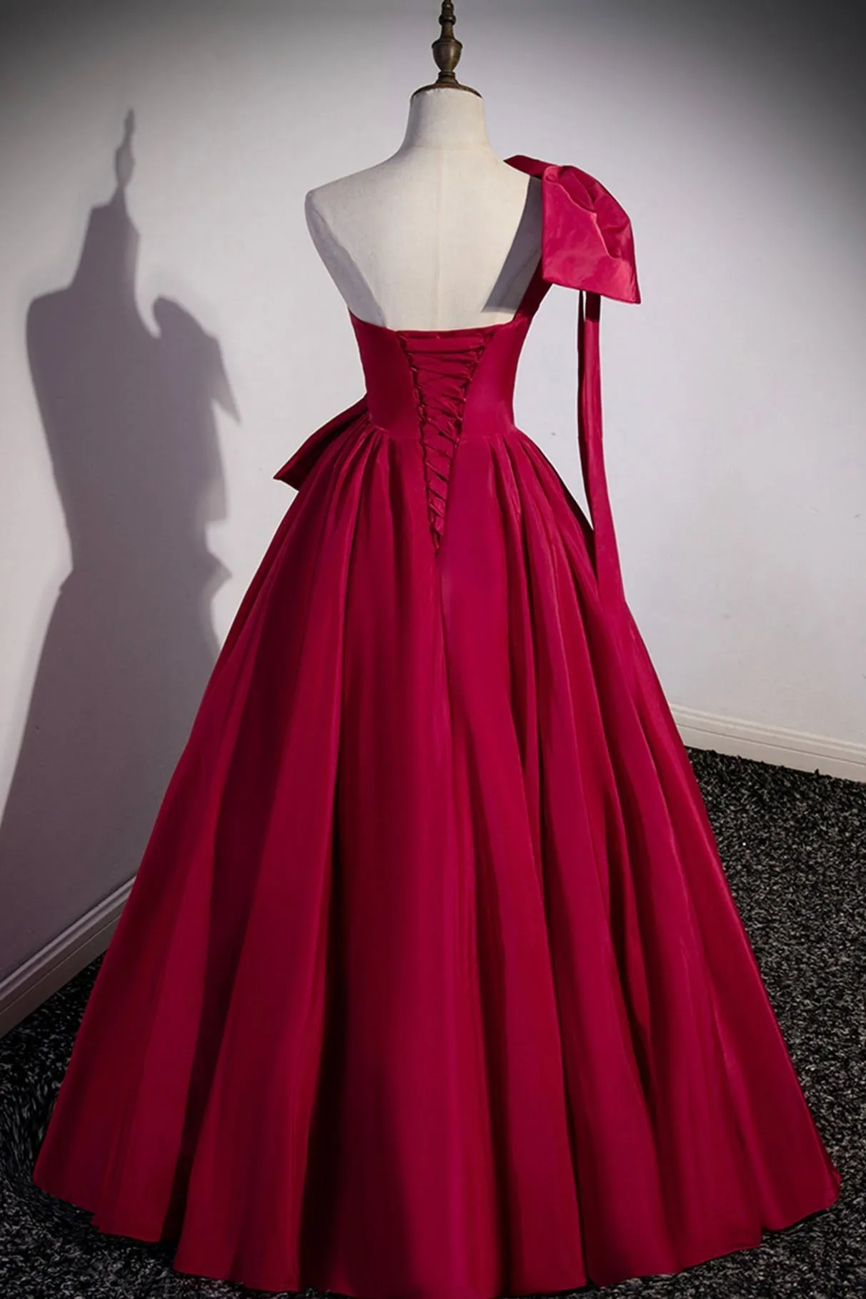 Burgundy Satin Long Prom Dress One Shoulder Evening Dress with Bow