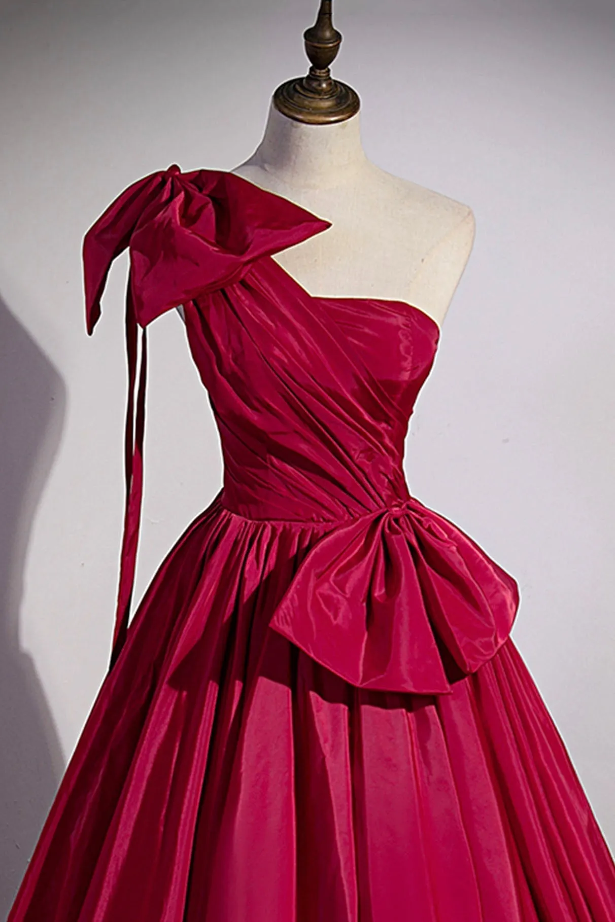 Burgundy Satin Long Prom Dress One Shoulder Evening Dress with Bow