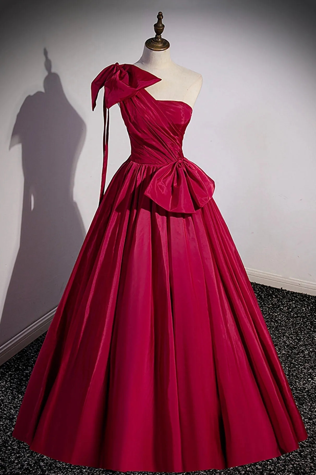 Burgundy Satin Long Prom Dress One Shoulder Evening Dress with Bow