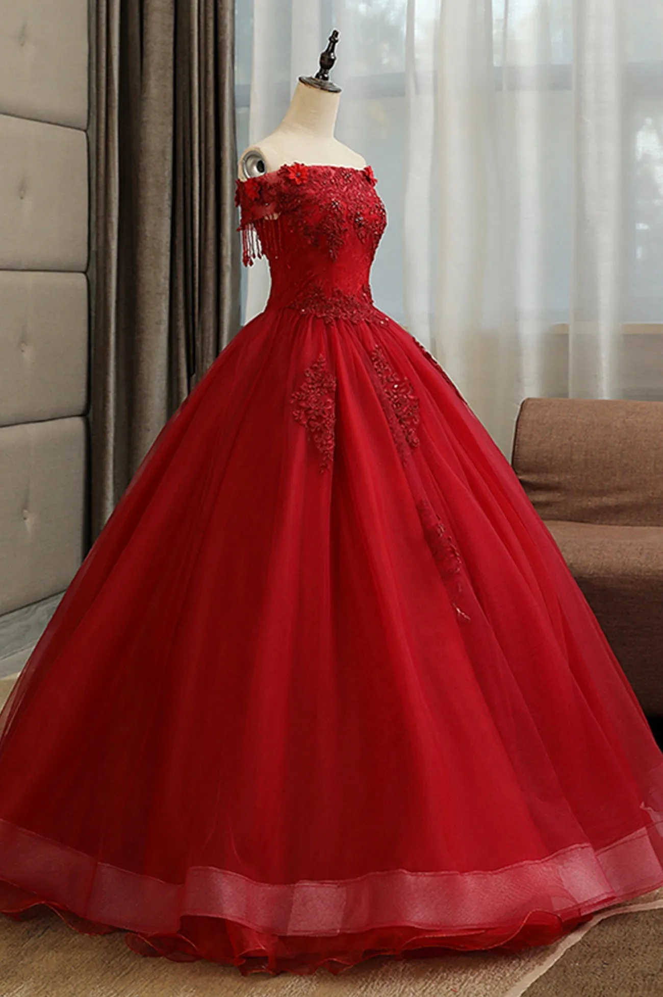 Burgundy Tulle Lace Long Prom Dress, Burgundy A-Line Evening Gown