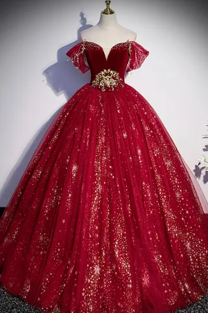 Burgundy Tulle Long A-Line Ball Gown, Off the Shoulder Evening Party Dress