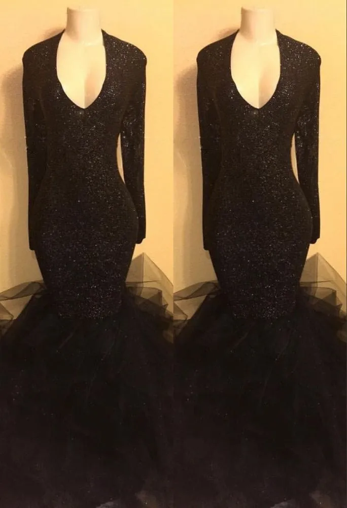 Chic black sequins prom dress, ruffles evening dress