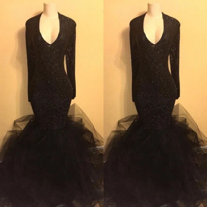 Chic black sequins prom dress, ruffles evening dress