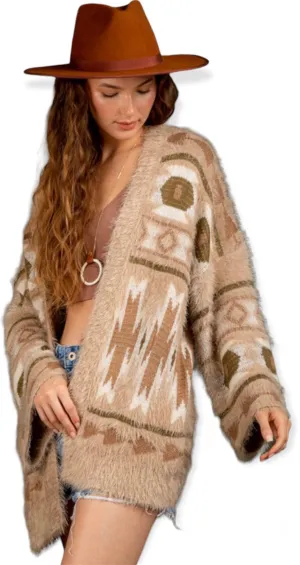 Cozy Soft Aztec Print Cardigan- Mocha