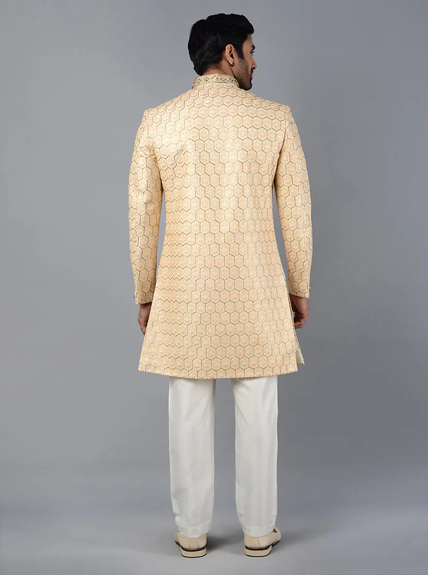 Cream & Peach Embroidered Regular Fit Indowestern | Azania