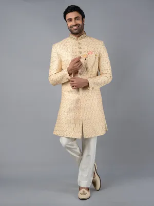 Cream & Peach Embroidered Regular Fit Indowestern | Azania