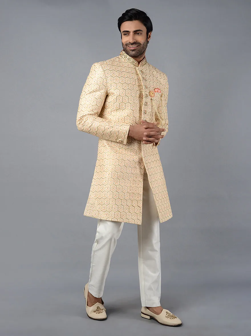 Cream & Peach Embroidered Regular Fit Indowestern | Azania