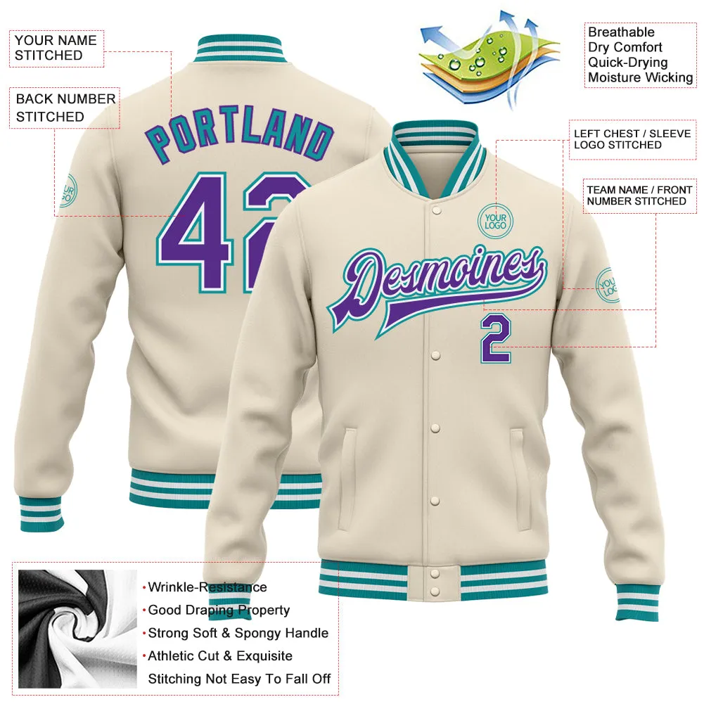 Custom Cream Purple-Teal Bomber Full-Snap Varsity Letterman Jacket