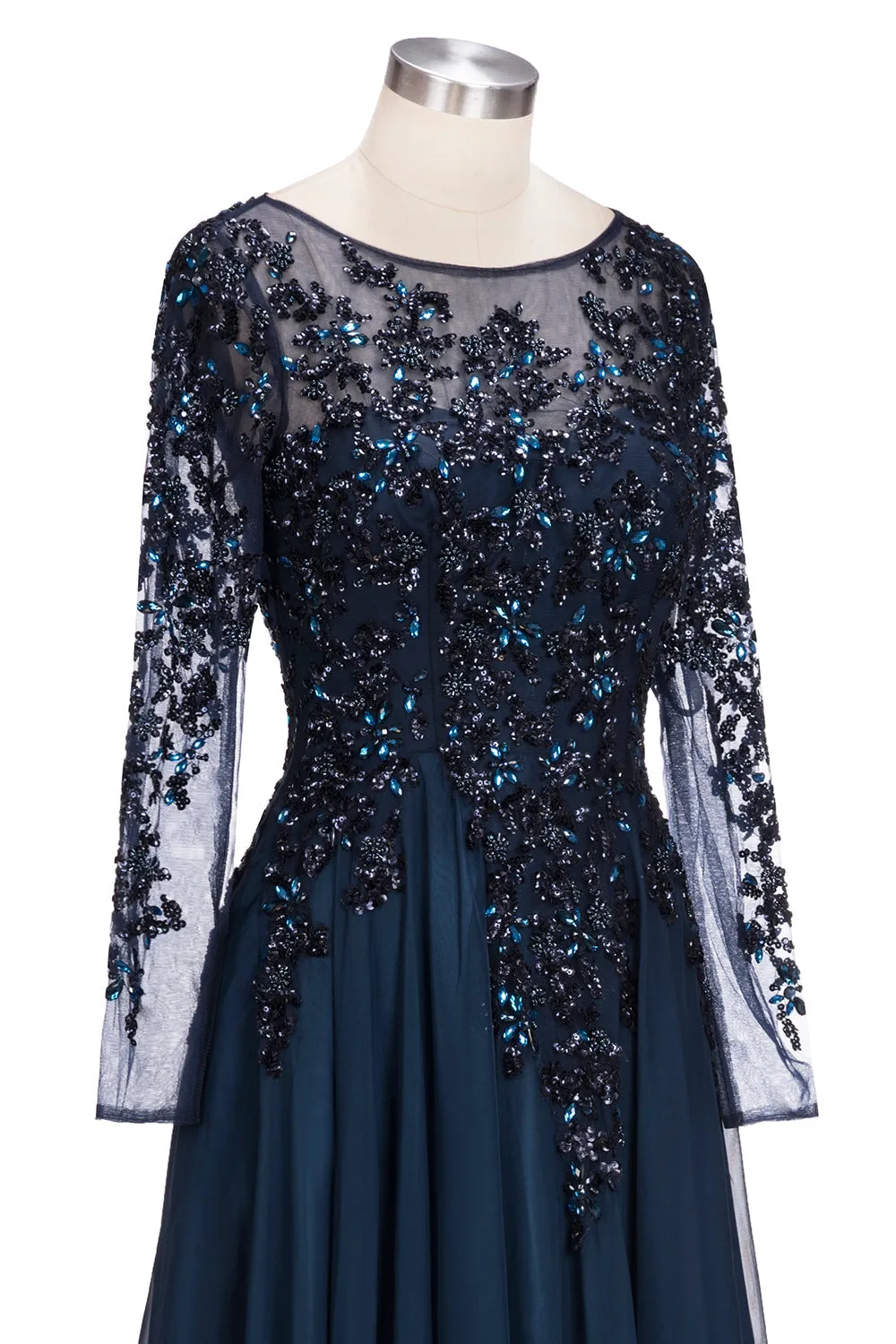 Dark Navy Long A-line Jewel Tulle Formal Evening Dresses with Sleeves