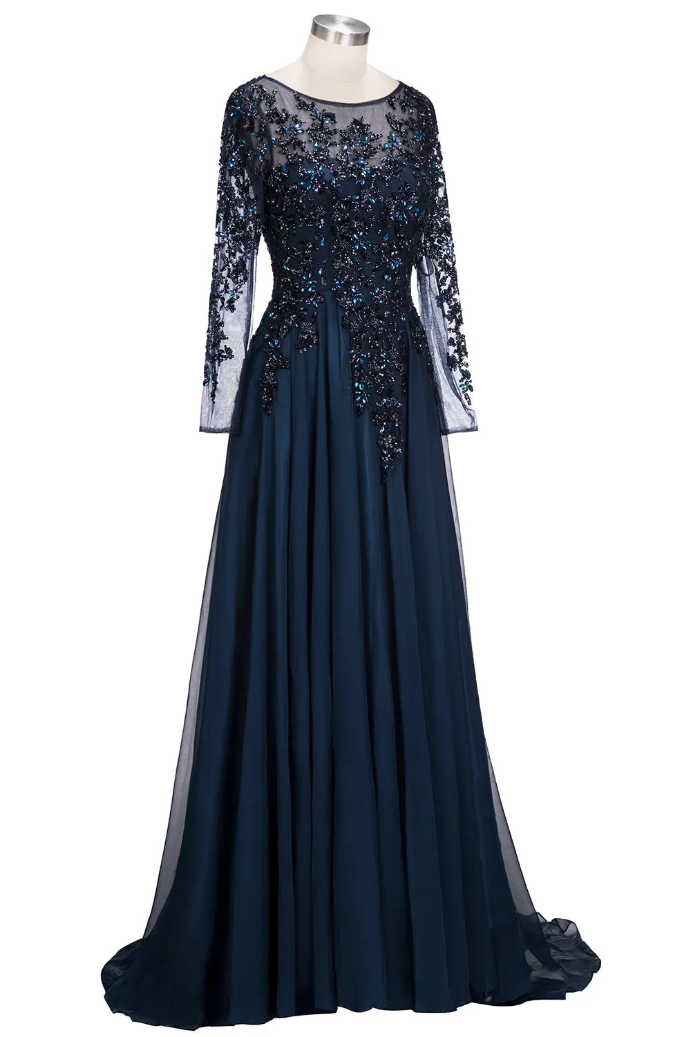 Dark Navy Long A-line Jewel Tulle Formal Evening Dresses with Sleeves