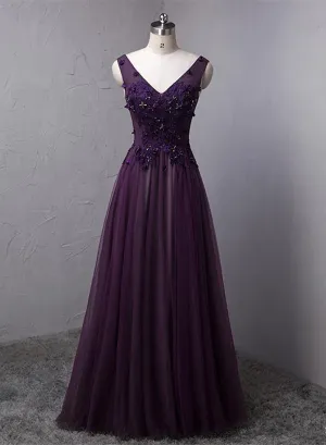 Dark Purple V-neckline Beaded Tulle Long Formal Dress, Purple Evening Dress