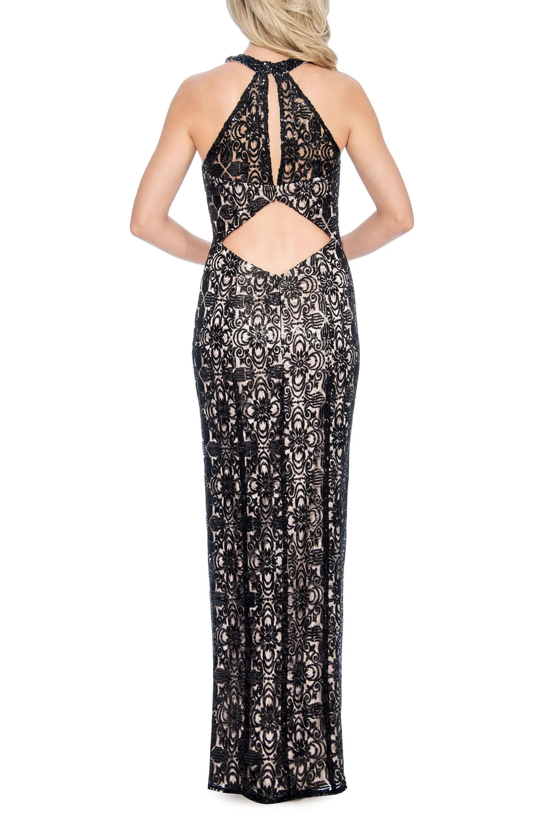 Decode Embellished Halter Neck Cutout Back Embroidered Mesh Gown