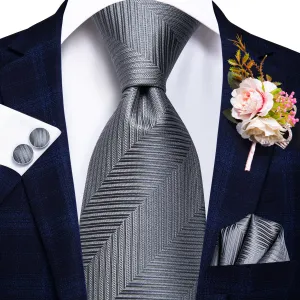 Essential Grey Striped Tie Handkerchief Cufflinks Set with Wedding Brooch