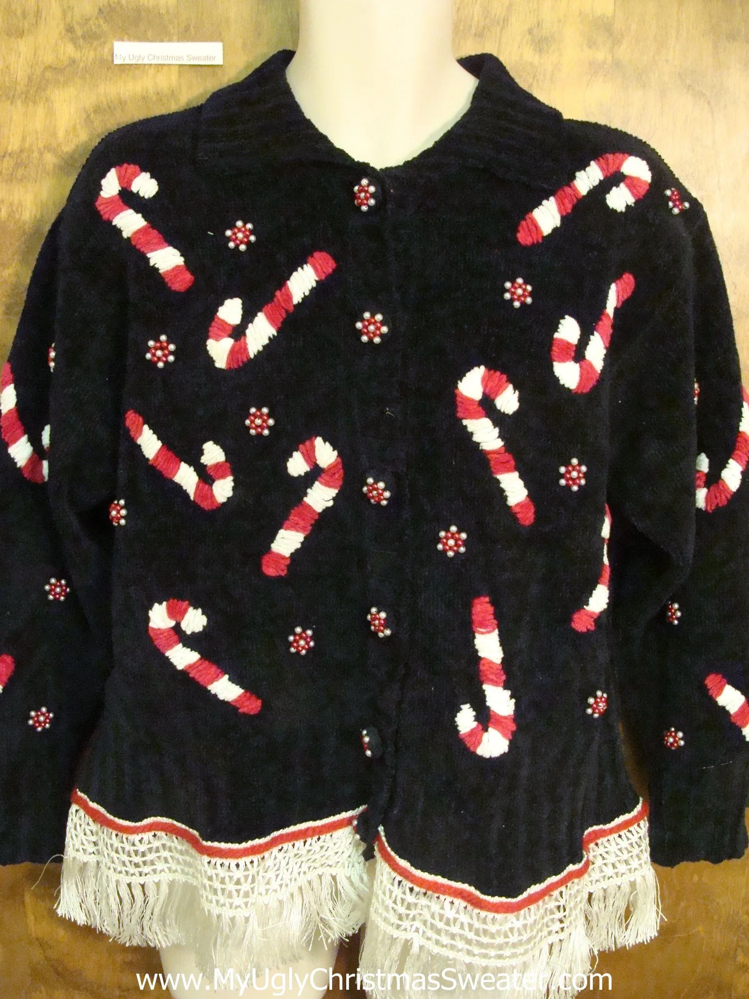 Fantastic CandyCane Ugly Christmas Sweater Cardigan with Fringe