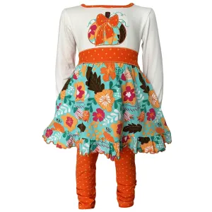 Girls Vibrant Autumn Floral Pumpkin Thanksgiving Dress & Leggings