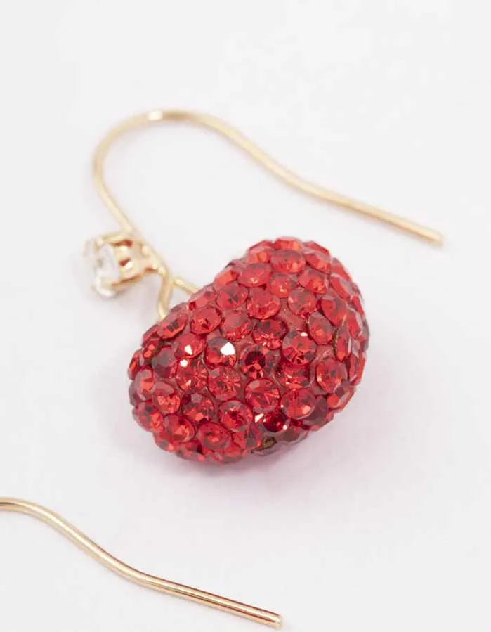 Gold & Red Glamorous Puffy Heart Drop Earrings