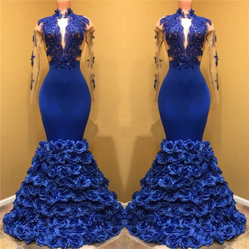 Gorgeous Royal Blue Prom Dresses Long Sleevess Evening Gowns with Rose Flowers