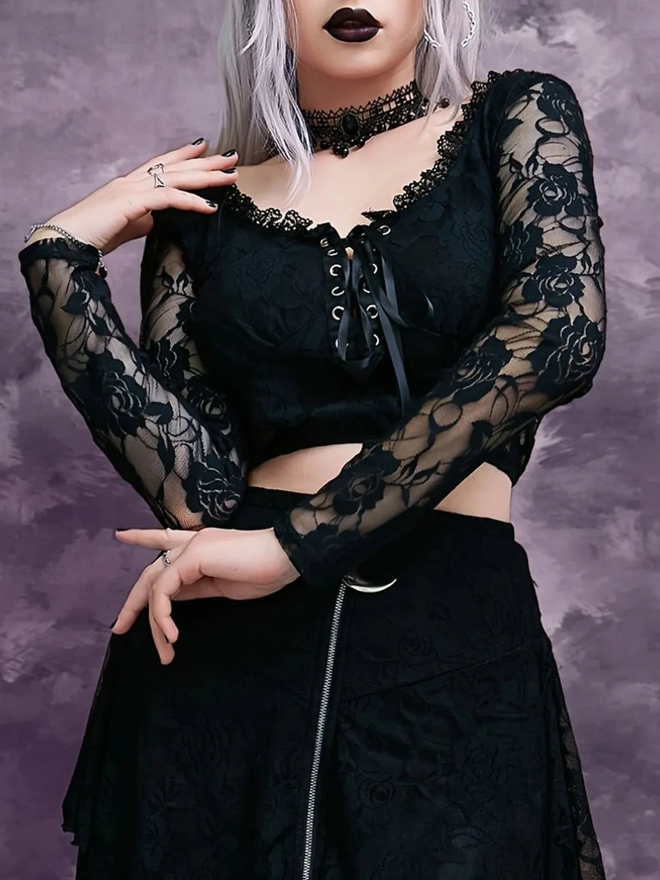 Gothic Dark Mesh Patchwork Lace Trim V-Neck Crop Top