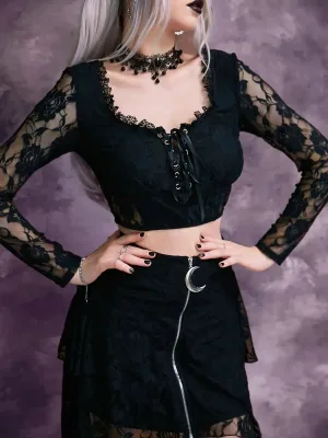 Gothic Dark Mesh Patchwork Lace Trim V-Neck Crop Top